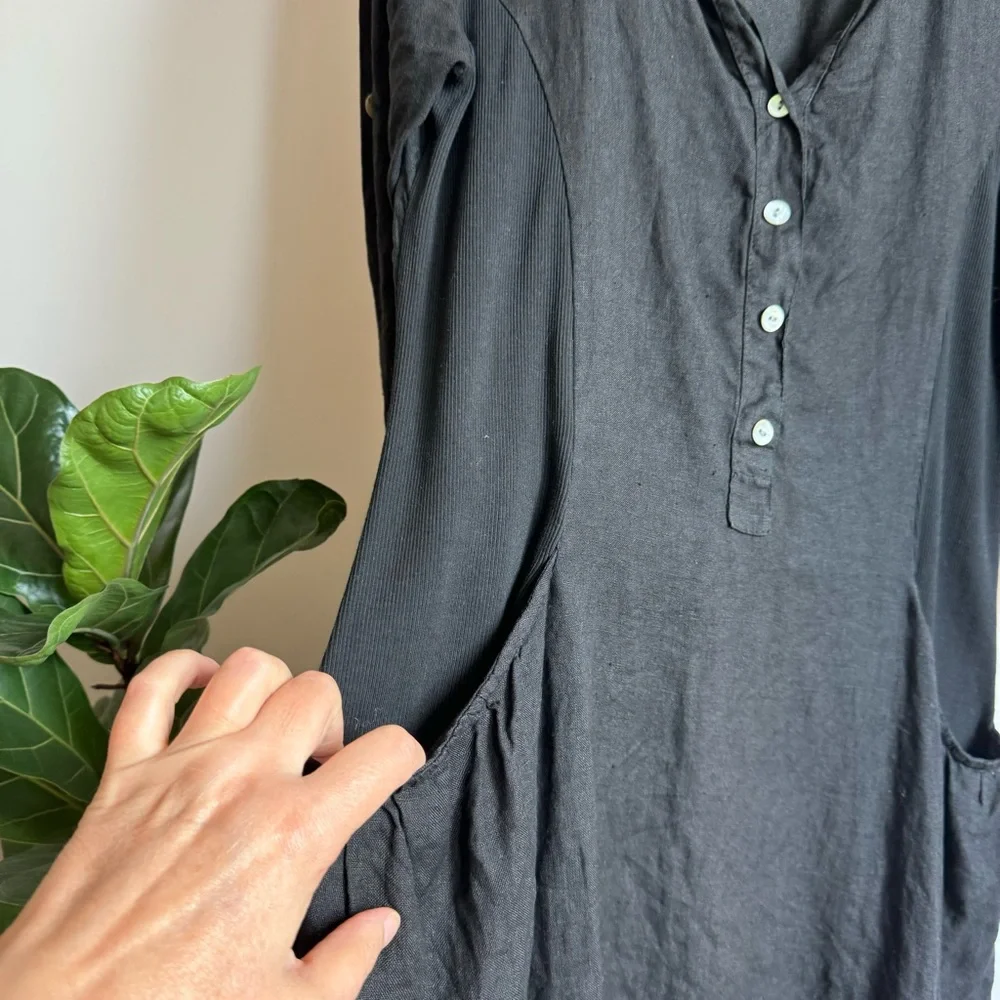 Terzo Millenio Black Linen Cotton Mini Dress Size M Made In Italy V Neck - Picture 4 of 8